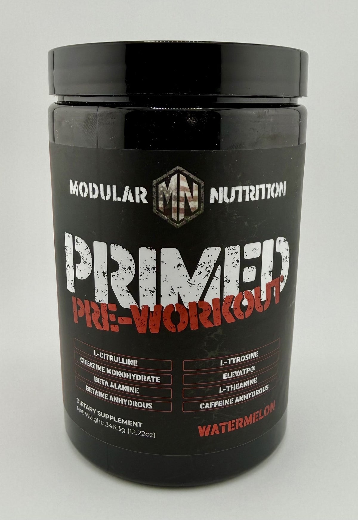 Primed Pre-Workout Watermelon jar by Modular Nutrition, front view, 346.3 g (12.22 oz)