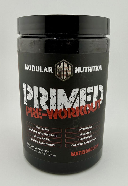 Primed Pre-Workout Watermelon jar by Modular Nutrition, front view, 346.3 g (12.22 oz)