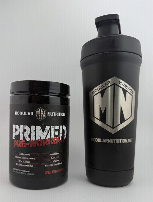 Primed Pre-Workout Watermelon jar next to the Modular Nutrition logo shaker bottle