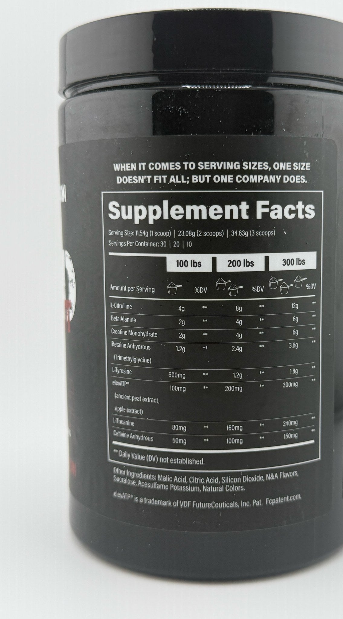 Primed Pre-Workout Supplement Facts panel with 100, 200 and 300 lb bodyweight servings